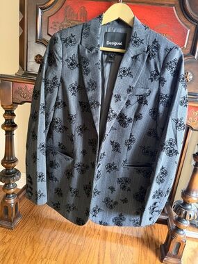 Desigual Gray Blazer with Black Floral Overlay